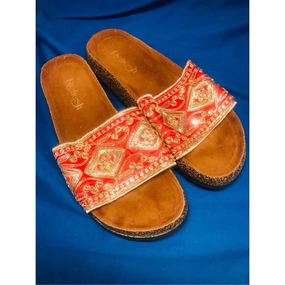 Refresh Women Shoes Sandy-7 Red Gold Embroidered slides Size 8 - Picture 1 of 6